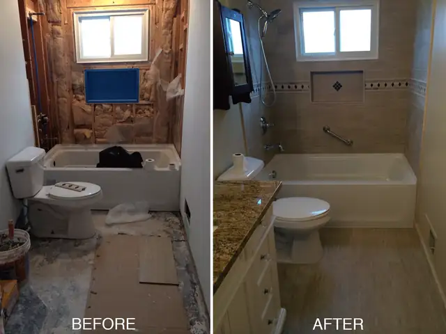 Royal Oak, MI bathroom before and after: gutted walls and old tub replaced with beige tile surround, new tub, granite vanity and new toilet